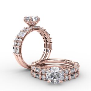 Contemporary Diamond Solitaire Engagement Ring With Baguettes and Round Diamond Accents