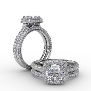 Cushion-Shaped Waterfall Halo Engagement Ring With Pav?? Band