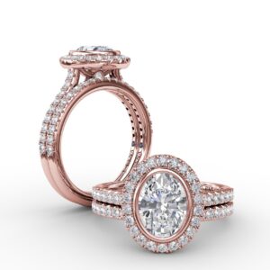 Classic Oval Diamond Halo Engagement Ring With Diamond Band