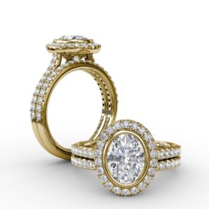 Classic Oval Diamond Halo Engagement Ring With Diamond Band