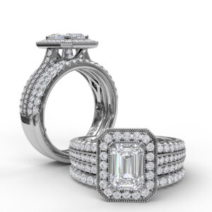 Classic Radiant Halo With Triple Pave Band Engagement Ring