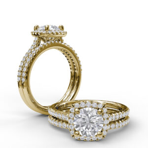 Delicate Cushion Halo Engagement Ring With Pave Shank