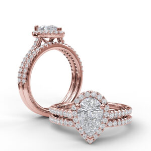 Delicate Pear Shaped Halo And Pave Band Engagement Ring