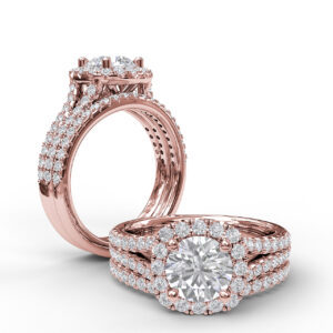 Cushion Halo Engagement Ring with a Diamond Encrusted Split Band