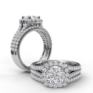 Cushion Halo Engagement Ring with a Diamond Encrusted Split Band