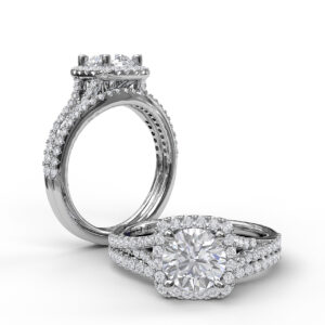 Classic Halo Engagement Ring with a Split Band