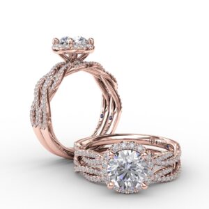 Classic Round Diamond Halo Engagement Ring With Twist Diamond Band