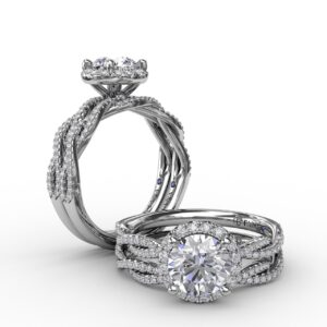 Classic Round Diamond Halo Engagement Ring With Twist Diamond Band