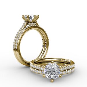 Six - Prong Round Diamond Engagement Ring with 1/2 Diamond Band