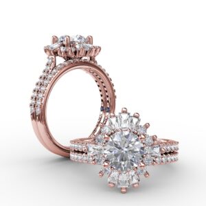 Mixed Shape Diamond Halo Ballerina Style Engagement Ring With Diamond Band