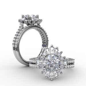 Mixed Shape Diamond Halo Ballerina Style Engagement Ring With Diamond Band