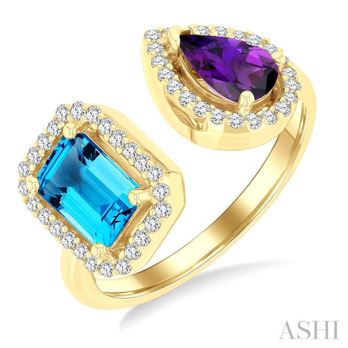 14K Yellow Gold Toi Et Moi Blue Topaz & Amethyst Diamond Halo Fashion Ring