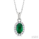 10K White Gold Oval Emerald & Natural Mined Diamond Halo Pendant