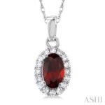 10K White Gold Oval Garnet & Natural Mined Diamond Halo Pendant
