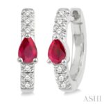 10K White Gold Pear Ruby & Petite Diamond Huggie Fashion Earrings