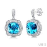 Sterling Silver Cushion Blue Topaz & Natural Mined Diamond Earrings