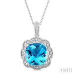 Sterling Silver Cushion Blue Topaz & Natural Mined Diamond Pendant