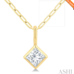 14K Yellow Gold Princess Bezel Set Paperclip Natural Mined Diamond Pendant